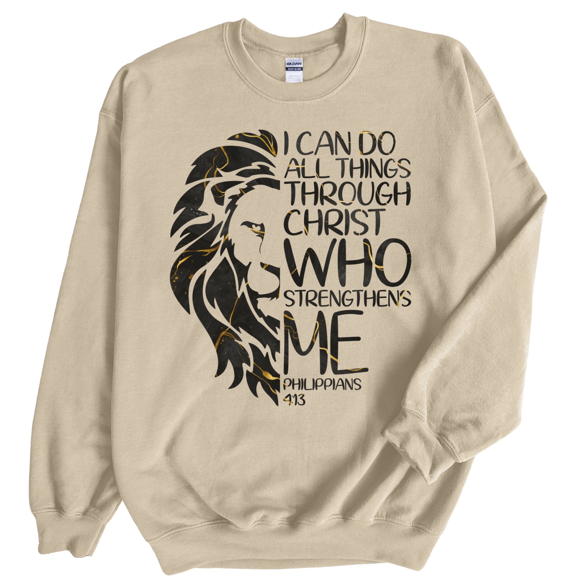 All Through Christ Men's Fleece Unisex-Fit Sweatshirt - Sand Size: S Color: Sand Jesus Passion Apparel