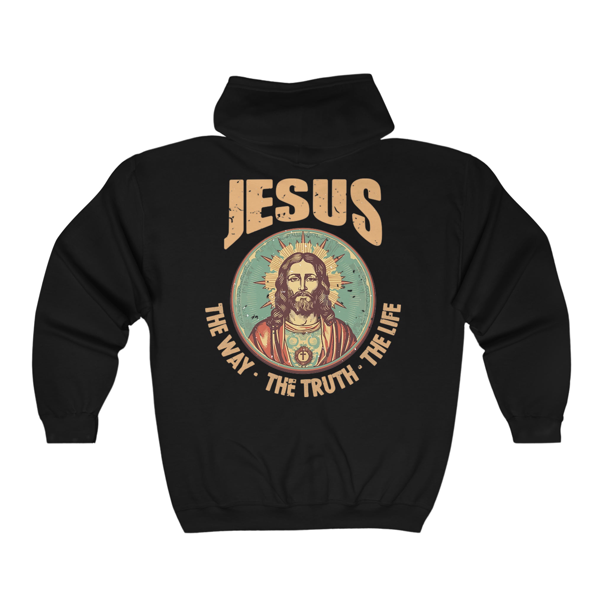 Jesus - The Way, Truth, Life Retro-Inspired Premium Men's Jacket Heavy Blend™ Hooded Size: S Color: Black Jesus Passion Apparel