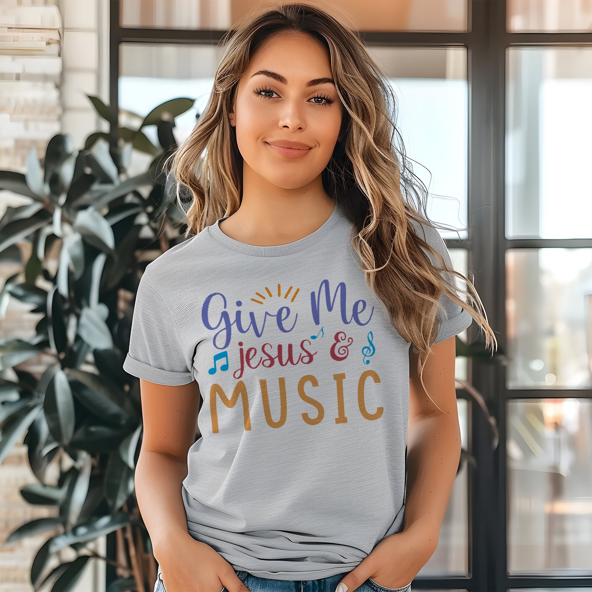 Give Me Music and Jesus Colorful Detail Women's Jersey Short Sleeve T-Shirt Size: XS Color: Athletic Heather Jesus Passion Apparel