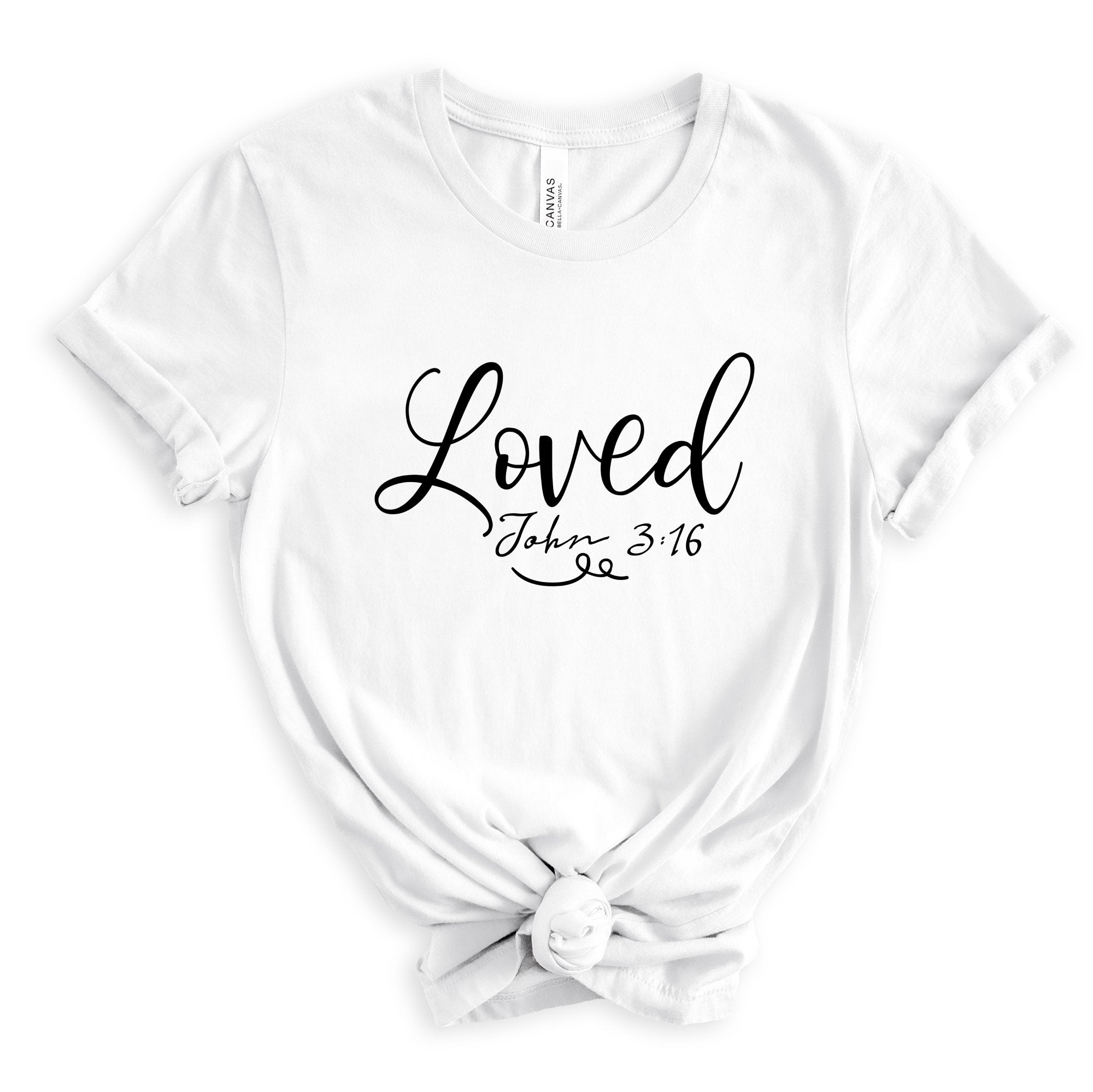 Loved Unisex Jersey Short Sleeve Tee - Black / White Product Label: T-Shirts (Bella 3001#2) - Size: XS Color: White Jesus Passion Apparel