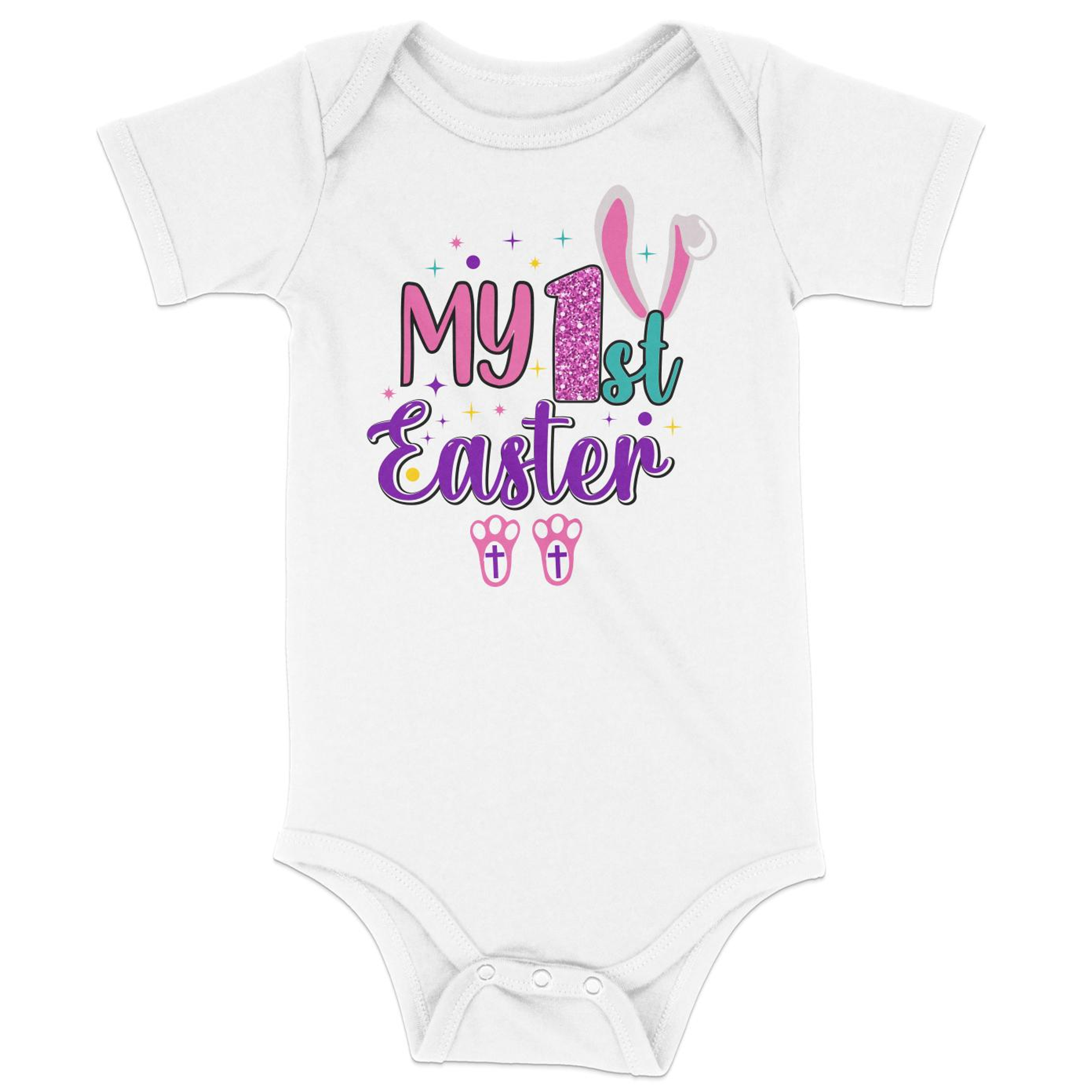 Baby's First Easter Rabbit with Cross Feet Infant Fine Jersey Bodysuit Size: Newborn Color: White Jesus Passion Apparel