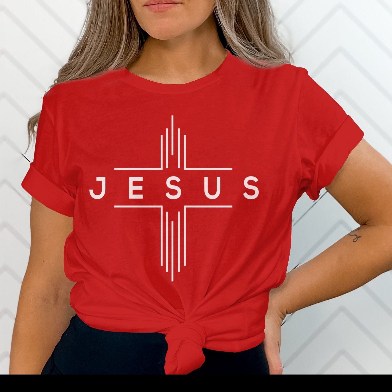 Jesus Cheveron Cross Women's Unisex Champion T-shirt - Black / Red - Matching Joggers Available Size: S Color: Black Jesus Passion Apparel