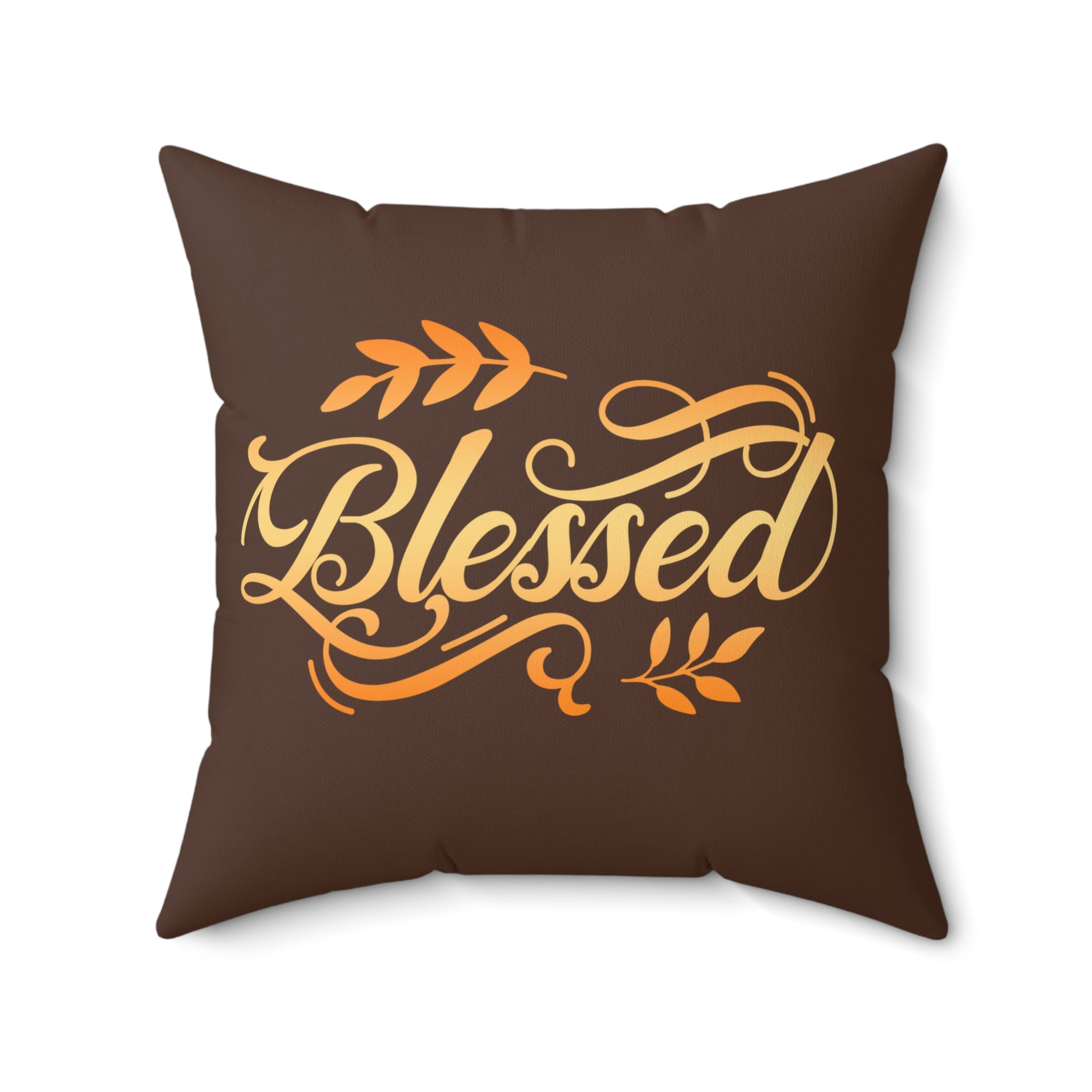 Blessed Autumn on Coffee Brown Background Design Spun Polyester Square Pillow Size: 14" × 14" Jesus Passion Apparel