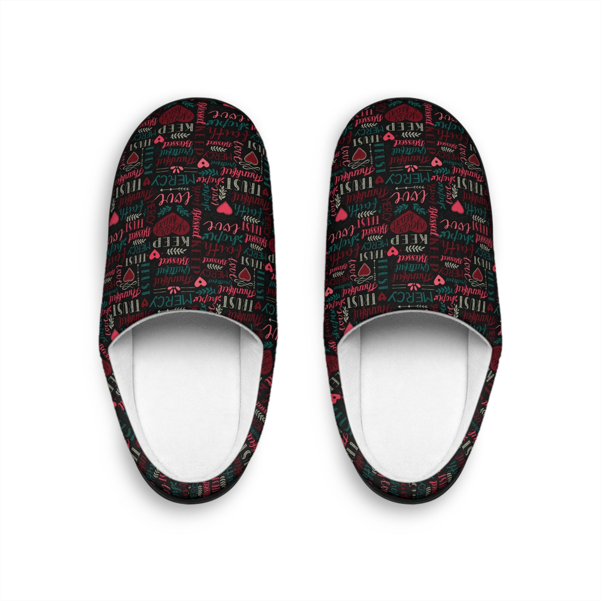 Faith Hope Love Women's Indoor Slippers - Matching Pajama Set and Lounge / Pajama Pants Available Size: US 7 - 8 Color: Black sole Jesus Passion Apparel