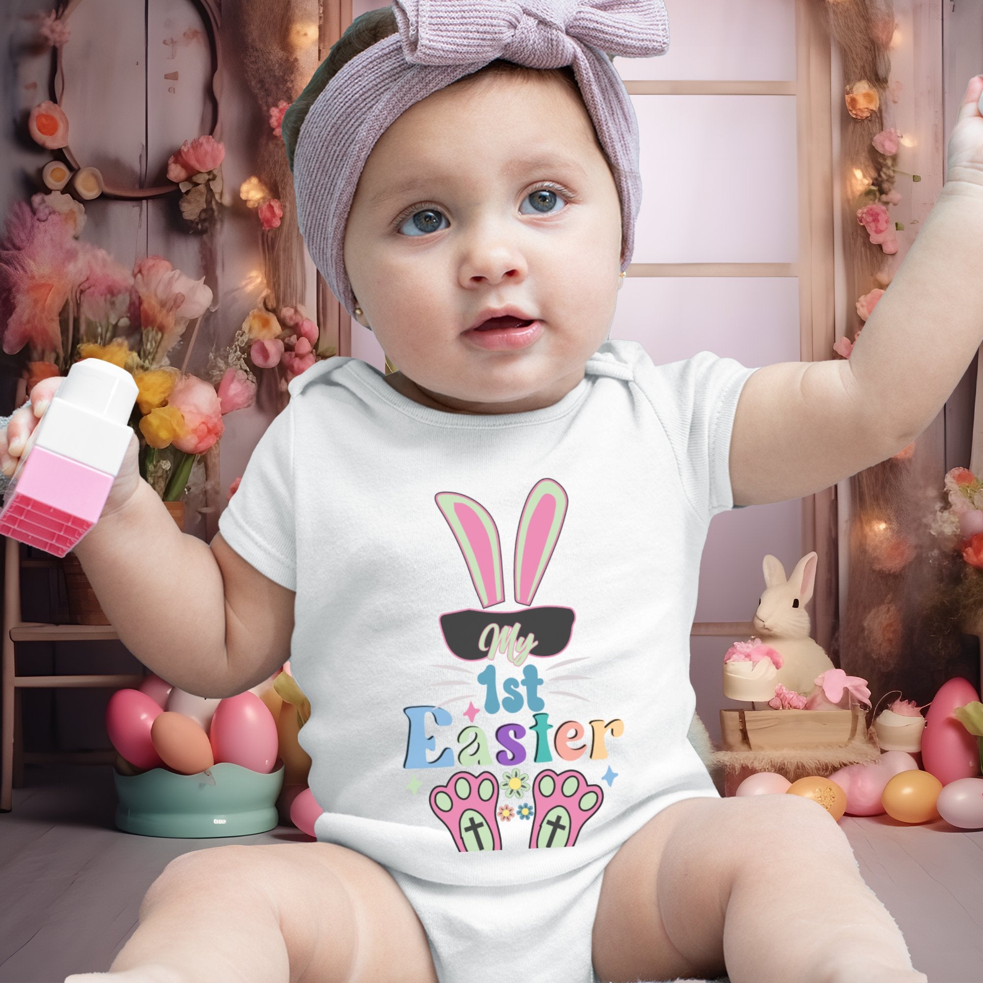 Baby's First Easter Rabbit Crosses Infant Fine Jersey Bodysuit Size: 6mo Color: White Jesus Passion Apparel