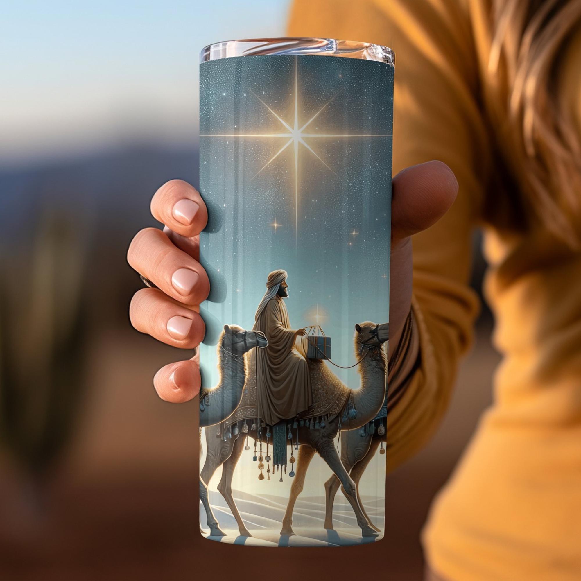 Three Wise Men 20 oz Christmas Tumbler with reusable Stainless Steel Straw Size: 20oz Color: White Jesus Passion Apparel