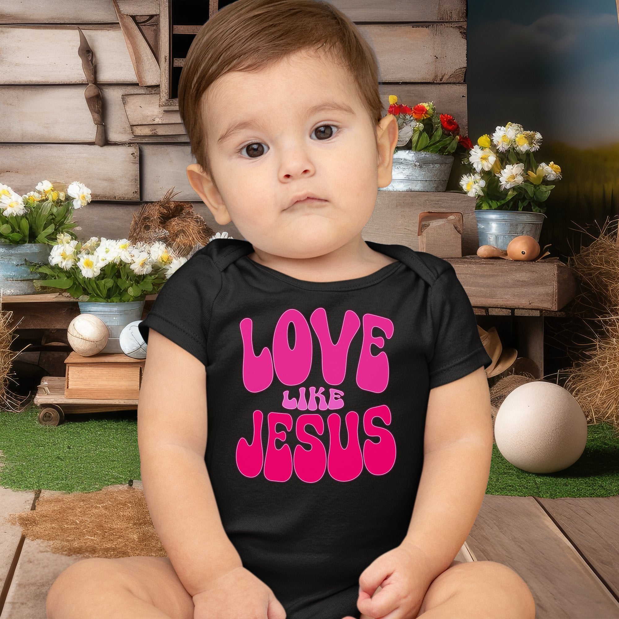 Love Like Jesus Groovy Infant Fine Jersey Bodysuit Size: 6mo Color: White Jesus Passion Apparel