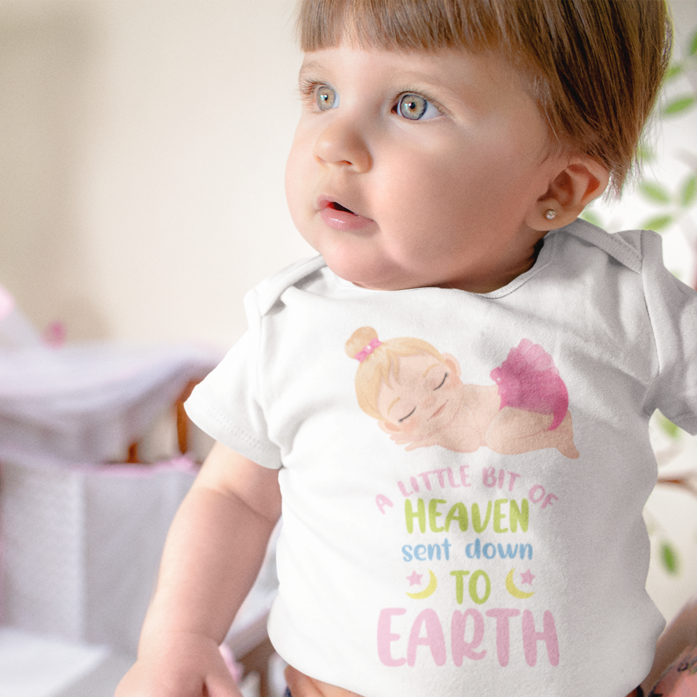 A Little Bit of Heaven Sent Down to Earth Baby Bodysuit Personalized Baby Girl Blonde Hair Color: Dark Grey Heather Size: 3-6m Jesus Passion Apparel