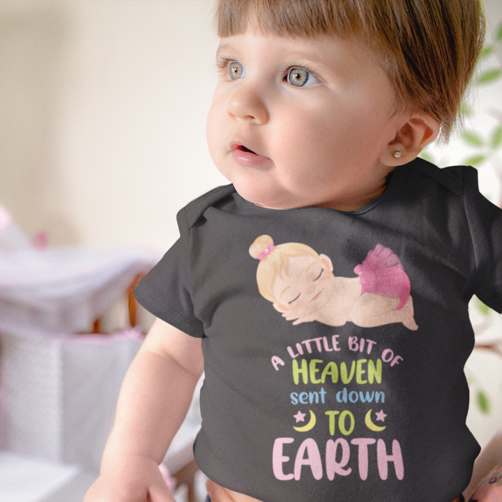 A Little Bit of Heaven Sent Down to Earth Baby Bodysuit Personalized Baby Girl Blonde Hair Color: Dark Grey Heather Size: 3-6m Jesus Passion Apparel