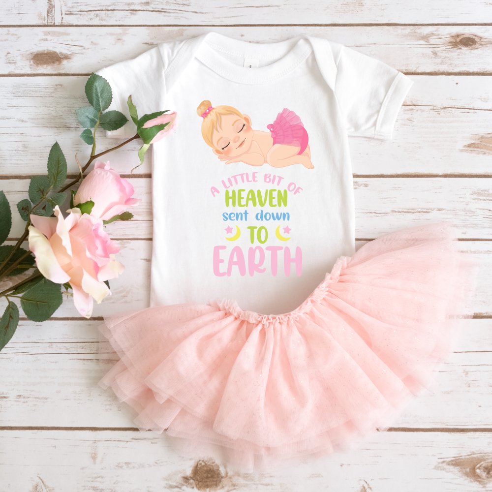 A Little Bit of Heaven Sent Down to Earth Baby Bodysuit Personalized Baby Girl Blonde Hair Color: Dark Grey Heather Size: 3-6m Jesus Passion Apparel