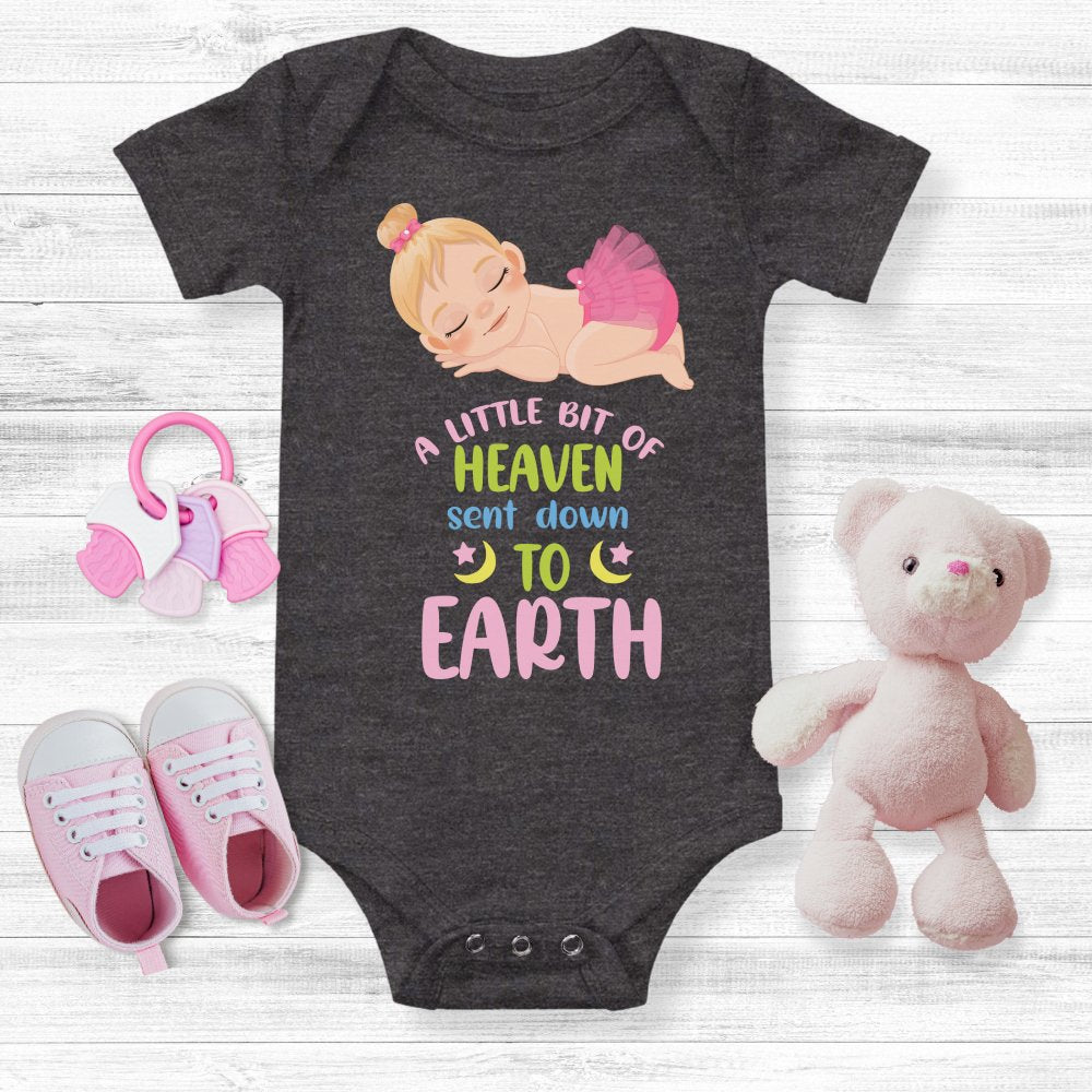 A Little Bit of Heaven Sent Down to Earth Baby Bodysuit Personalized Baby Girl Blonde Hair Color: Dark Grey Heather Size: 3-6m Jesus Passion Apparel