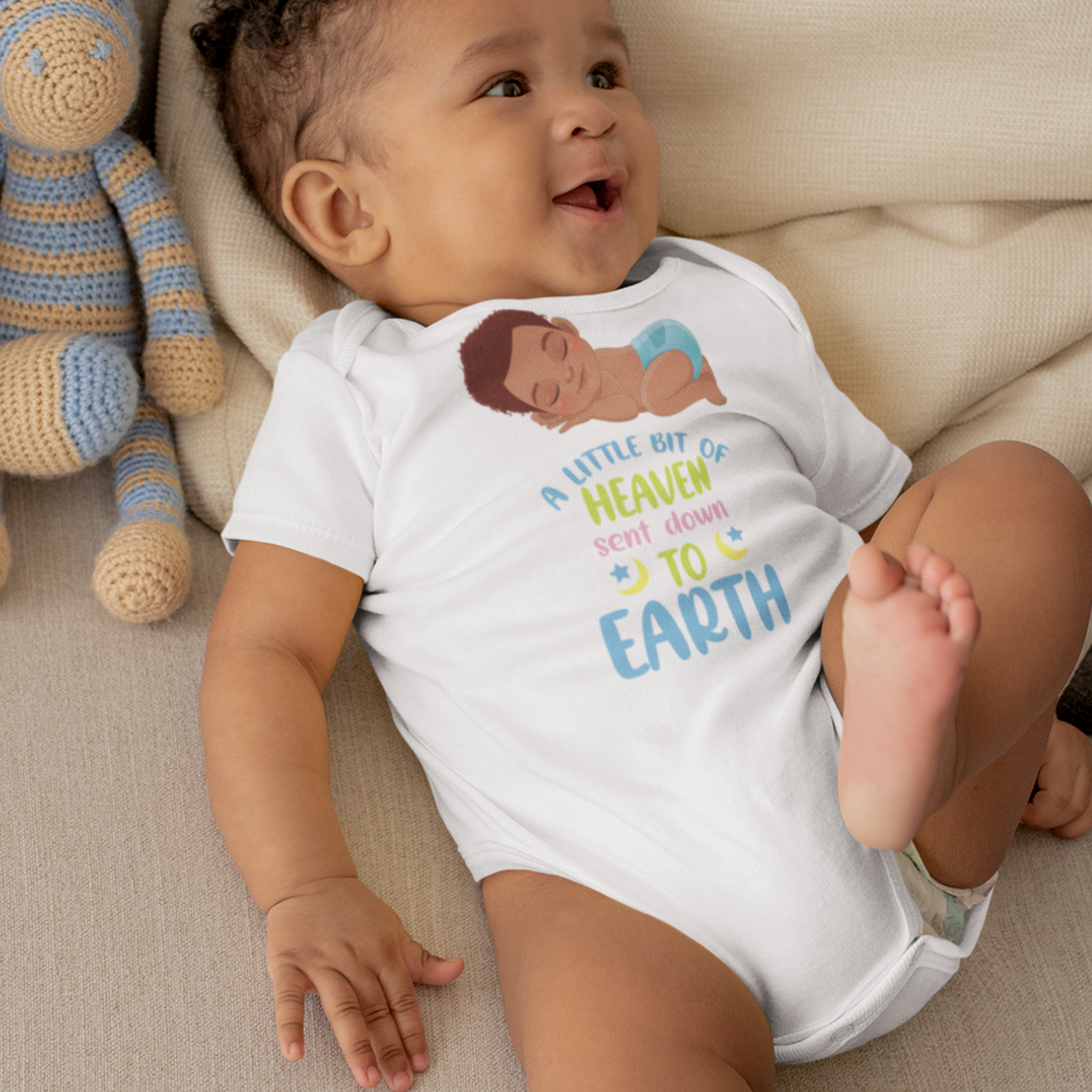 A Little Bit of Heaven Sent Down to Earth Bodysuit Personalized Baby Boy Dark Hair Color: Dark Grey Heather Size: 3-6m Jesus Passion Apparel