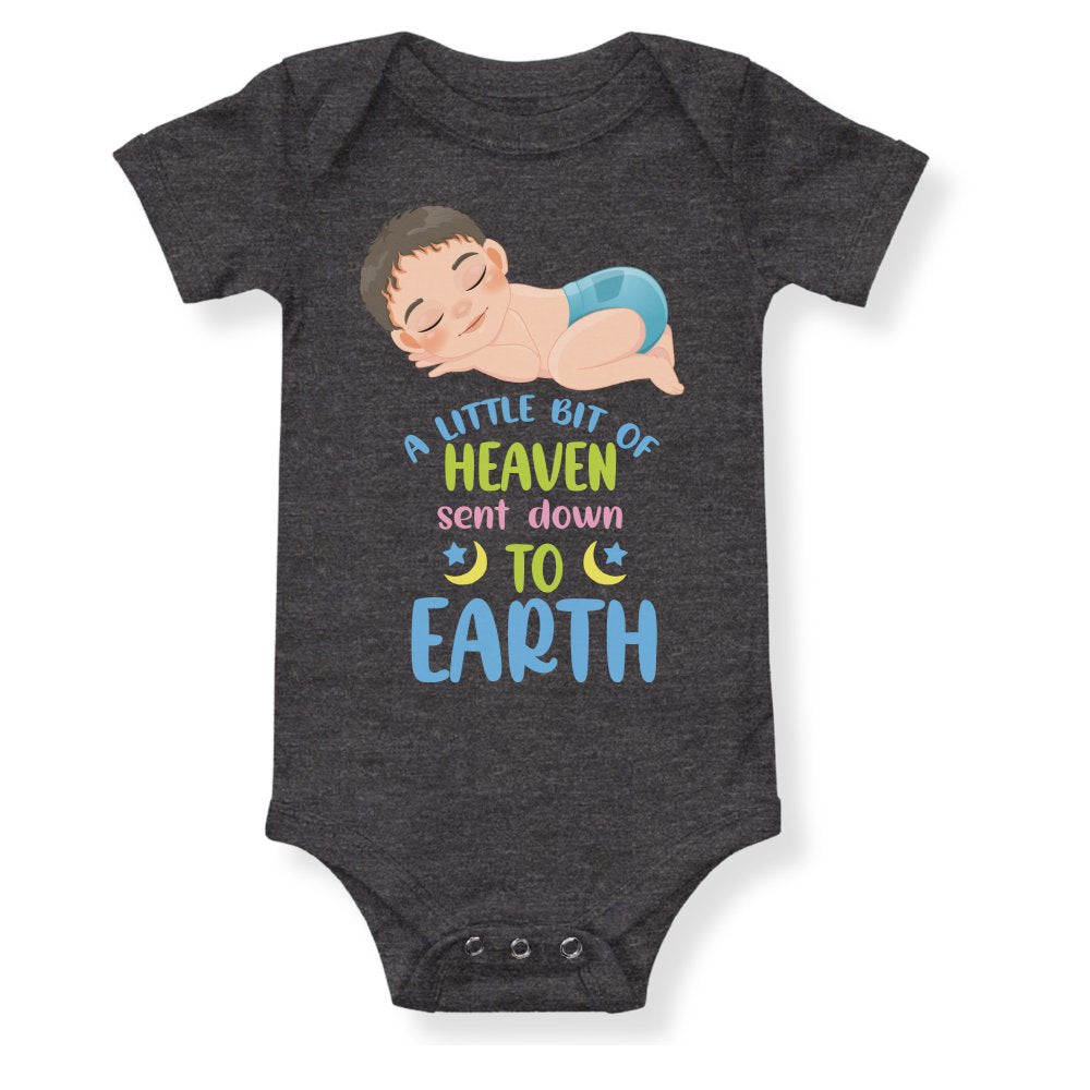 A Little Bit of Heaven Sent Down to Earth Bodysuit Personalized Baby Boy Brown Hair Color: Dark Grey Heather Size: 3-6m Jesus Passion Apparel