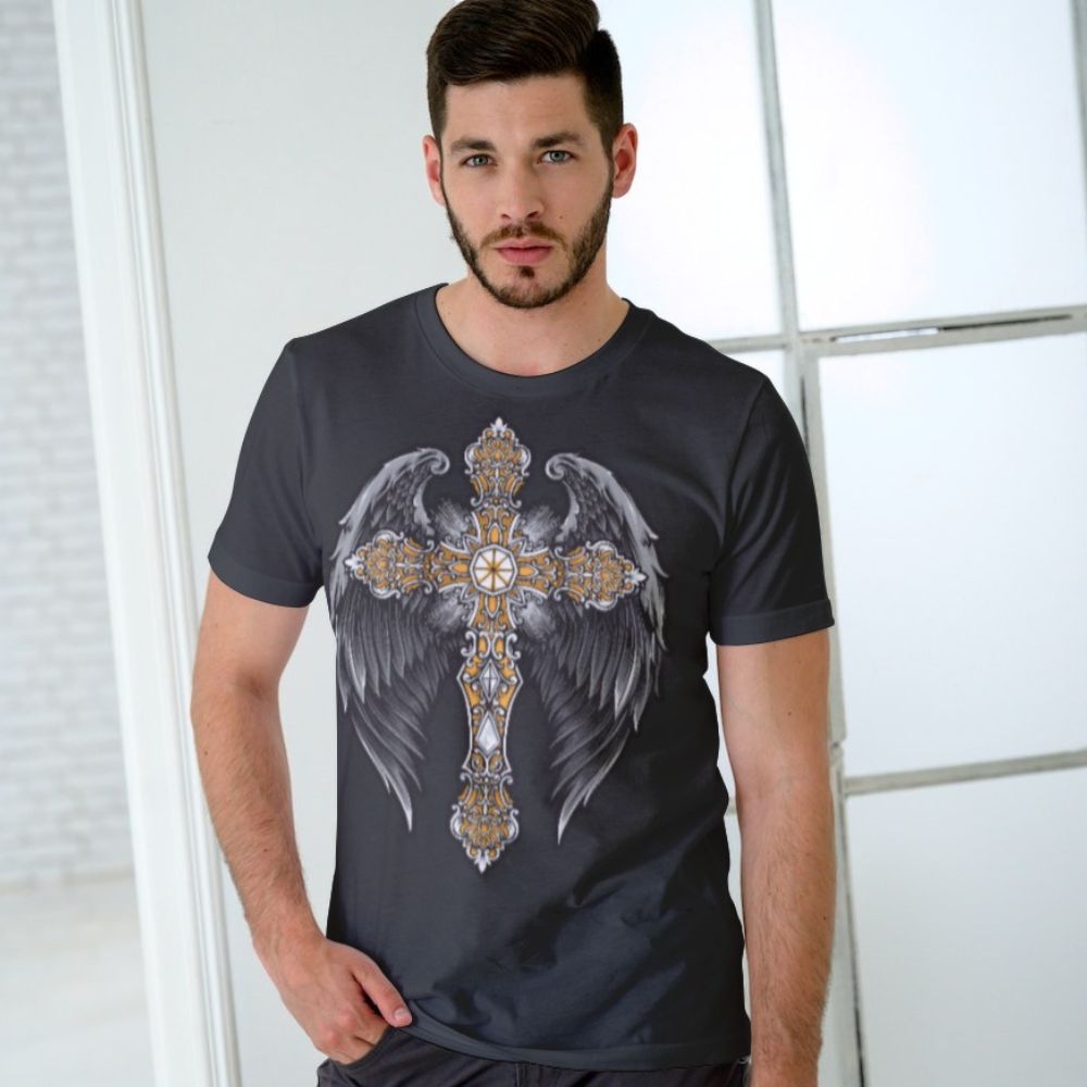 Angels to Protect Handmade Crewneck Men's t-shirt Size: XS Jesus Passion Apparel