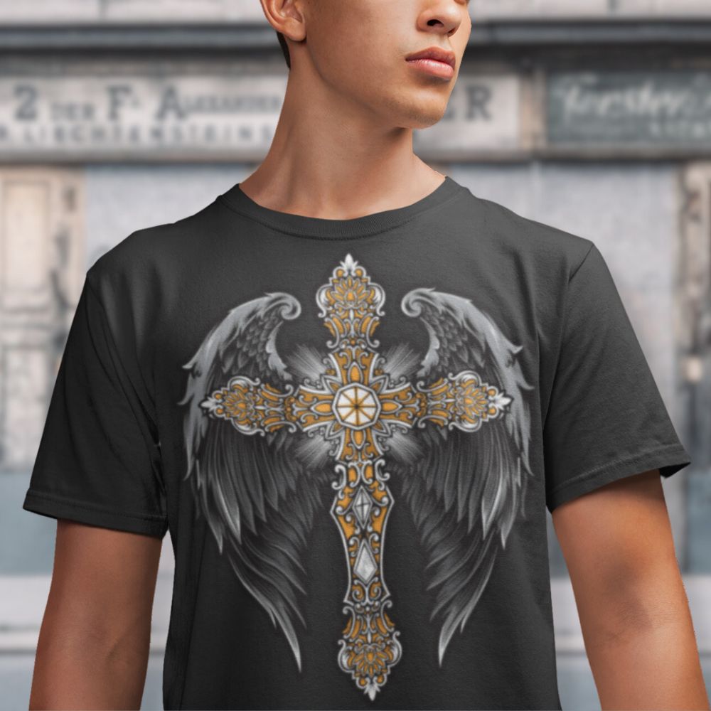 Angels to Protect Handmade Crewneck Men's t-shirt Size: XS Jesus Passion Apparel