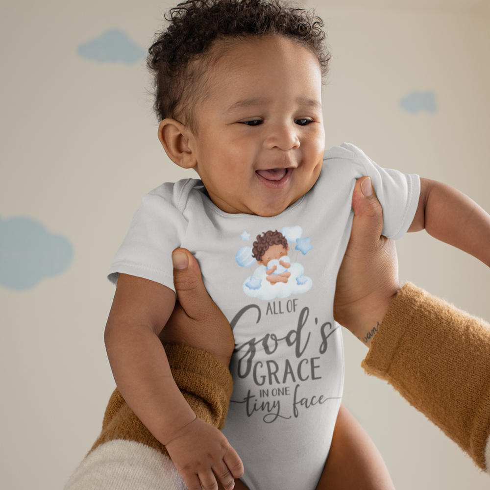 All Of Gods Grace in One Tiny Face Bodysuit Personalized Baby Boy Dark Hair Color: Athletic Heather Size: 3-6m Jesus Passion Apparel