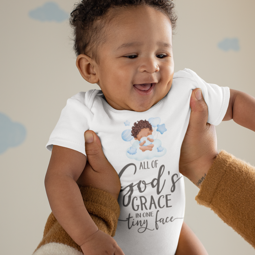 All Of Gods Grace in One Tiny Face Bodysuit Personalized Baby Boy Dark Hair Color: Athletic Heather Size: 3-6m Jesus Passion Apparel