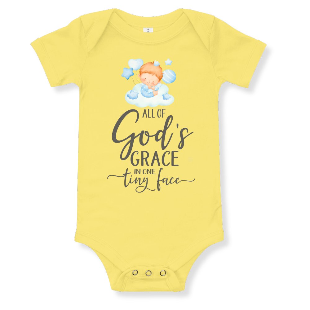 All Of Gods Grace in One Tiny Face Bodysuit Personalized Baby Boy Blonde Hair Color: Yellow Size: 3-6m Jesus Passion Apparel