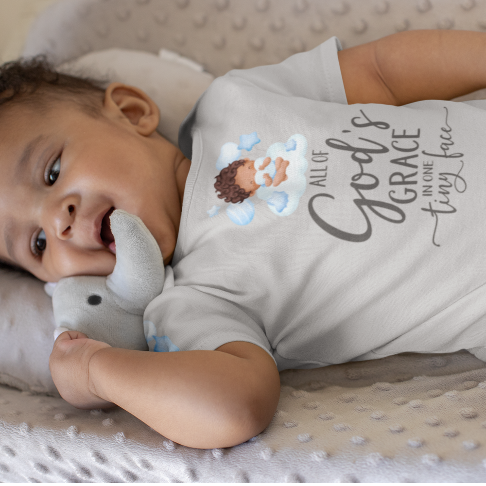 All Of Gods Grace in One Tiny Face Bodysuit Personalized Baby Boy Dark Hair Color: Athletic Heather Size: 3-6m Jesus Passion Apparel