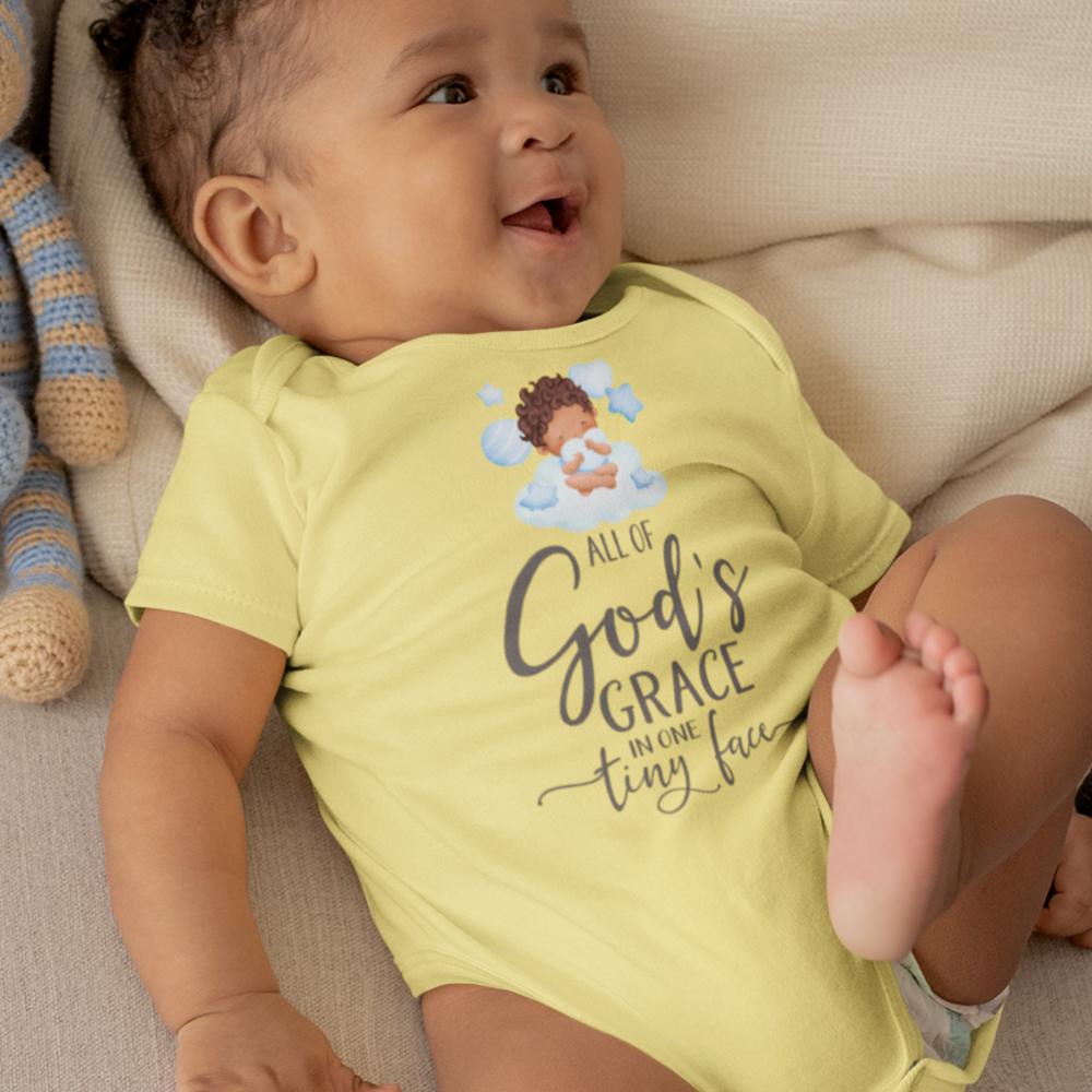 All Of Gods Grace in One Tiny Face Bodysuit Personalized Baby Boy Dark Hair Color: Athletic Heather Size: 3-6m Jesus Passion Apparel