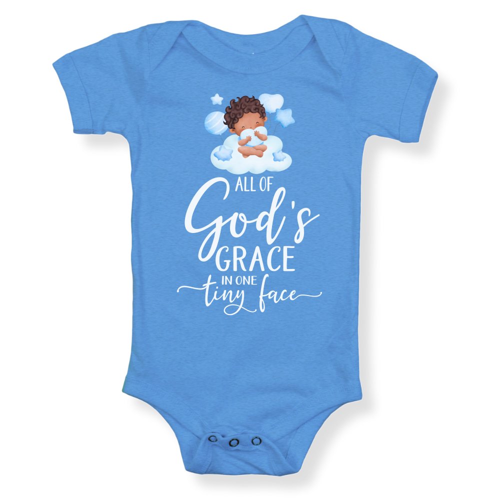 All Of Gods Grace in One Tiny Face Personalized Baby Boy Dark Hair Color: Heather Columbia Blue Size: 3-6m Jesus Passion Apparel