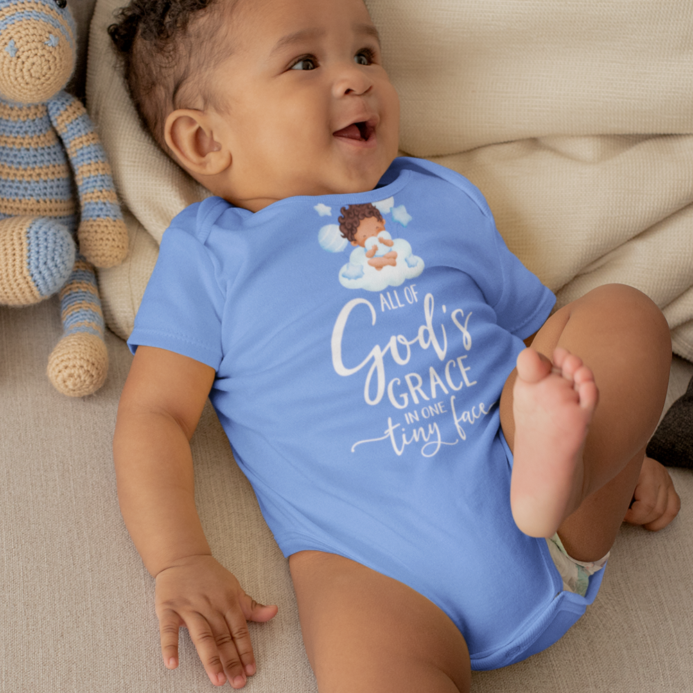 All Of Gods Grace in One Tiny Face Personalized Baby Boy Dark Hair Color: Dark Grey Heather Size: 3-6m Jesus Passion Apparel