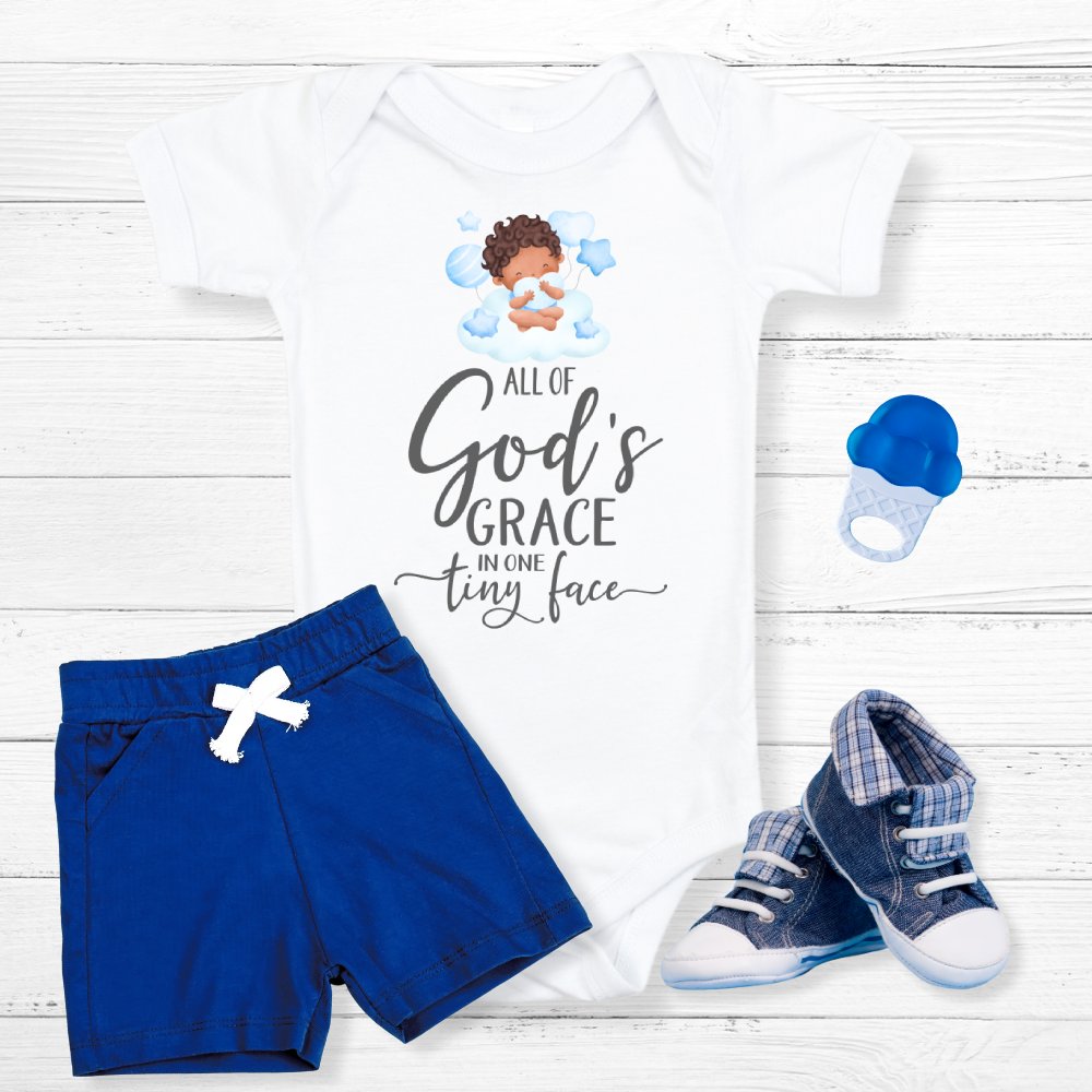 All Of Gods Grace in One Tiny Face Bodysuit Personalized Baby Boy Dark Hair Color: Athletic Heather Size: 3-6m Jesus Passion Apparel