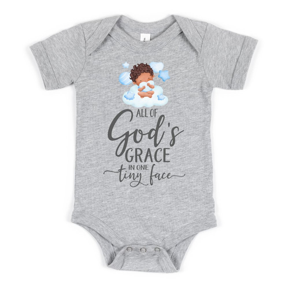 All Of Gods Grace in One Tiny Face Bodysuit Personalized Baby Boy Dark Hair Color: Athletic Heather Size: 3-6m Jesus Passion Apparel