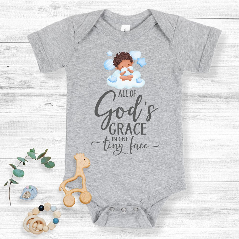 All Of Gods Grace in One Tiny Face Bodysuit Personalized Baby Boy Dark Hair Color: Athletic Heather Size: 3-6m Jesus Passion Apparel