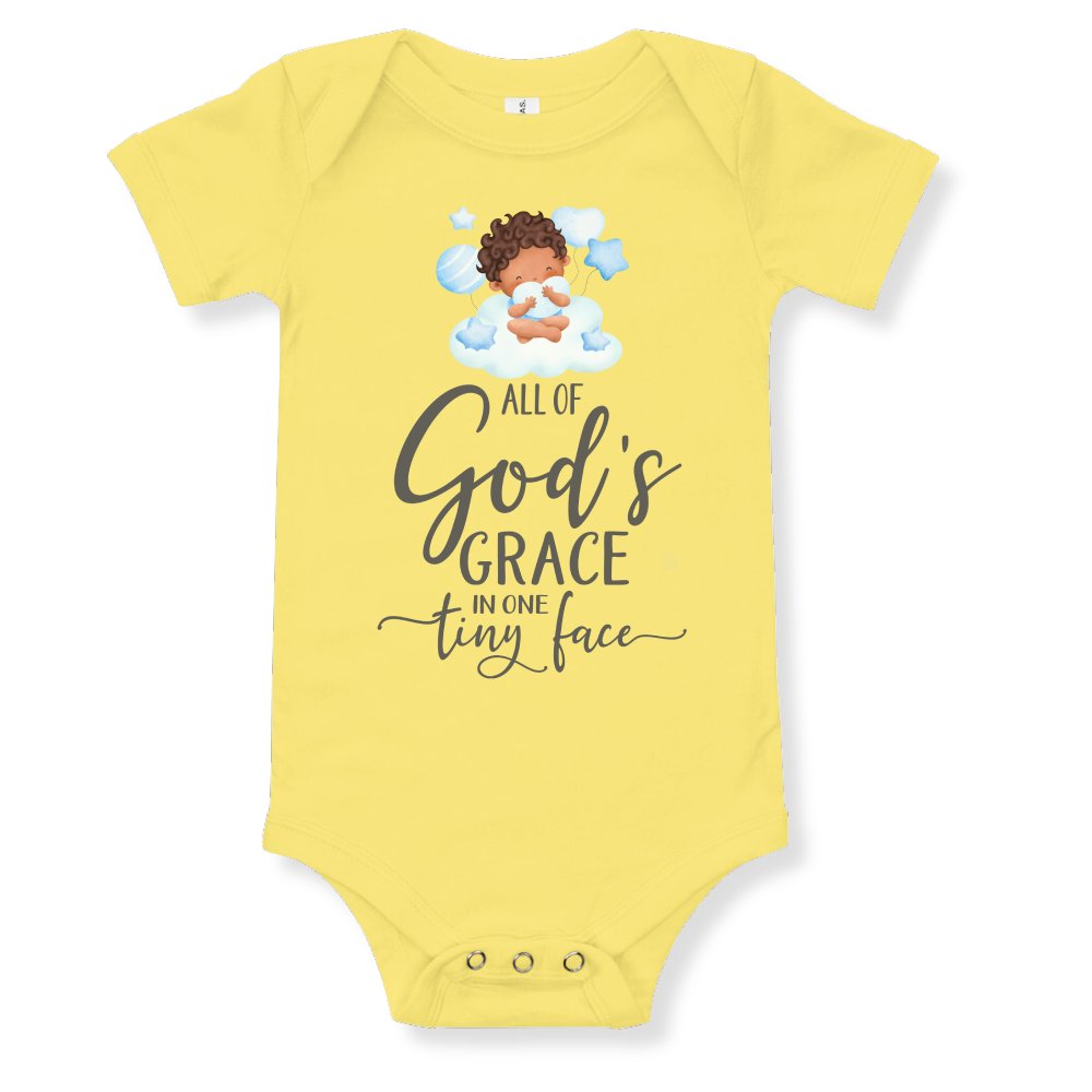 All Of Gods Grace in One Tiny Face Bodysuit Personalized Baby Boy Dark Hair Color: Yellow Size: 3-6m Jesus Passion Apparel