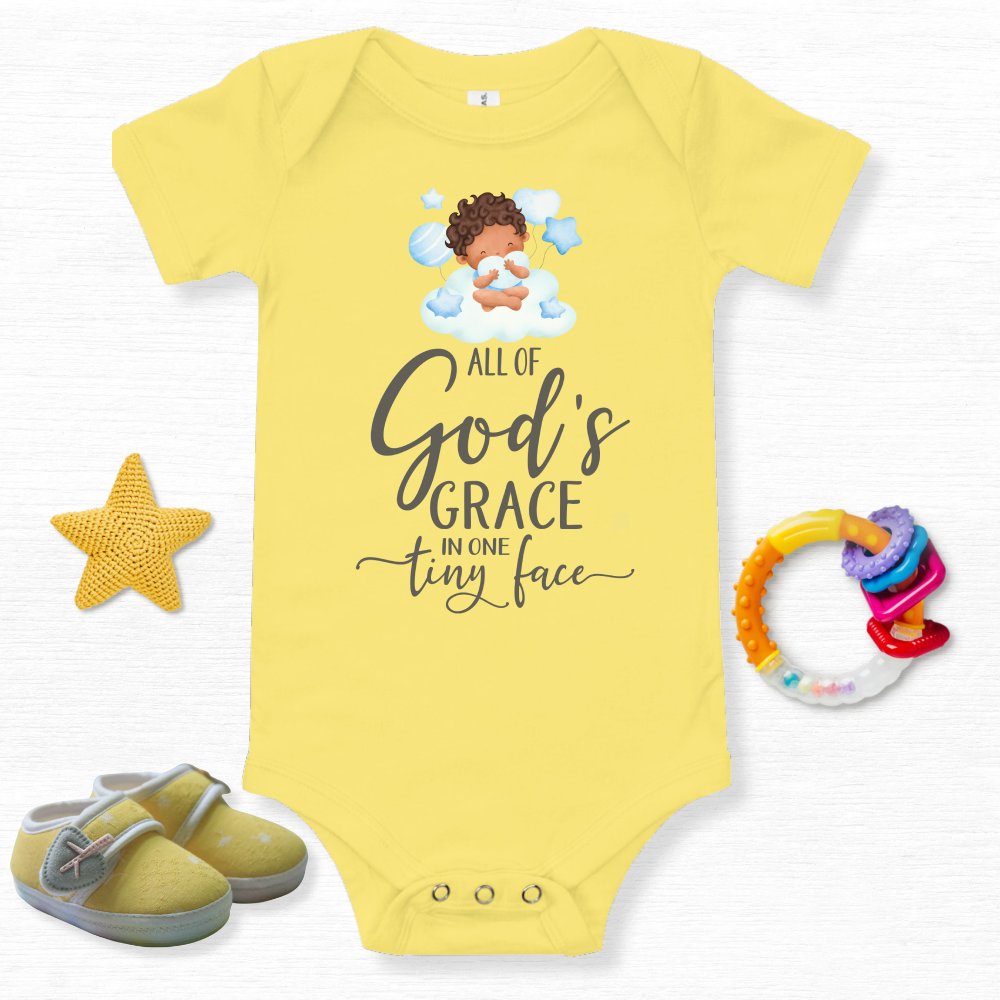 All Of Gods Grace in One Tiny Face Bodysuit Personalized Baby Boy Dark Hair Color: Athletic Heather Size: 3-6m Jesus Passion Apparel