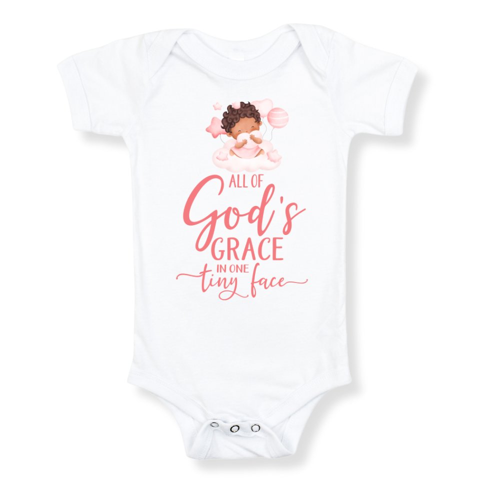 All Of Gods Grace in One Tiny Face Bodysuit Personalized Baby Girl Dark Hair Color: White Size: 3-6m Jesus Passion Apparel
