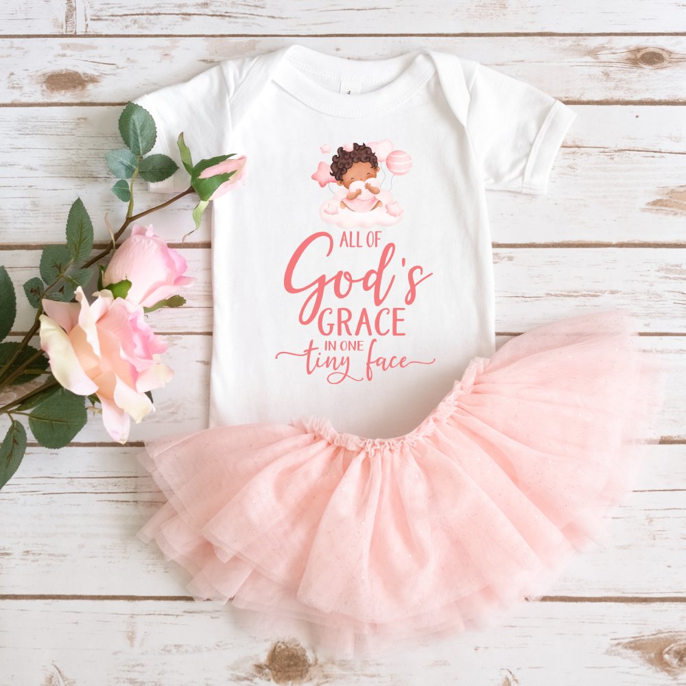 All Of Gods Grace in One Tiny Face Bodysuit Personalized Baby Girl Dark Hair Color: Pink Size: 3-6m Jesus Passion Apparel