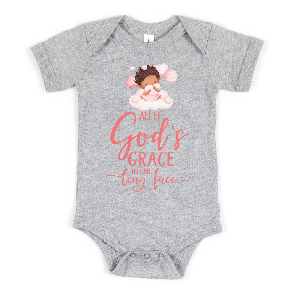 All Of Gods Grace in One Tiny Face Bodysuit Personalized Baby Girl Dark Hair Color: Athletic Heather Size: 3-6m Jesus Passion Apparel