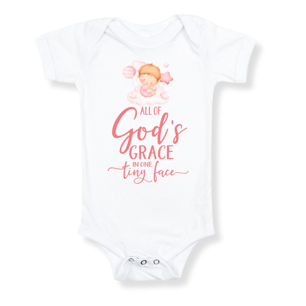 All Of Gods Grace in One Tiny Face Pink Lettering Personalized Baby Girl Blonde Hair Color: White Size: 3-6m Jesus Passion Apparel