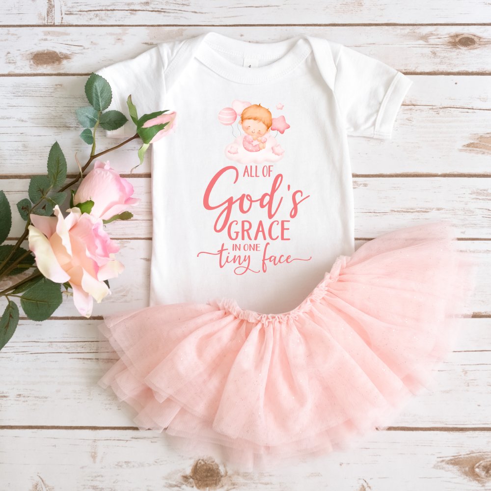 All Of Gods Grace in One Tiny Face Pink Lettering Personalized Baby Girl Blonde Hair Color: Pink Size: 3-6m Jesus Passion Apparel