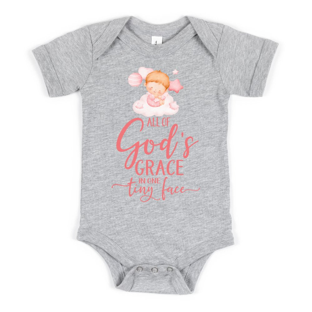 All Of Gods Grace in One Tiny Face Bodysuit Personalized Baby Girl Blonde Hair Color: Athletic Heather Size: 3-6m Jesus Passion Apparel