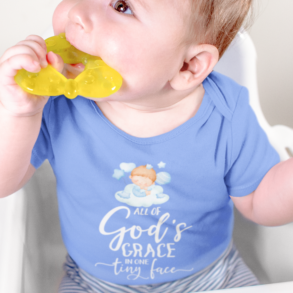 All Of Gods Grace in One Tiny Face Bodysuit Personalized Baby Boy Blonde Hair Color: Heather Columbia Blue Size: 3-6m Jesus Passion Apparel
