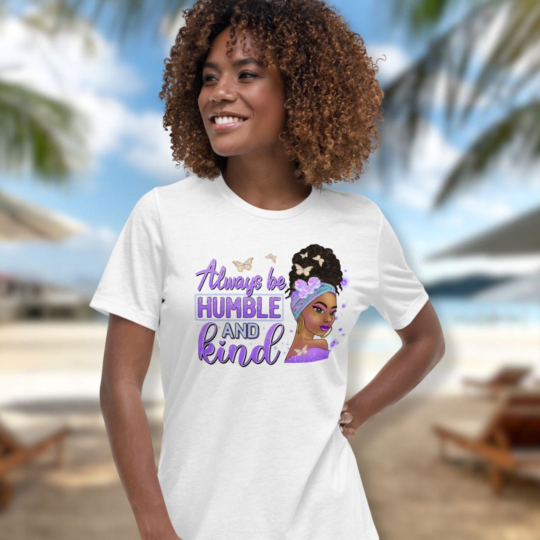 Always Be Humble and Kind Women's Relaxed Fit T-Shirt Color: Heather Prism Lilac Size: S Jesus Passion Apparel