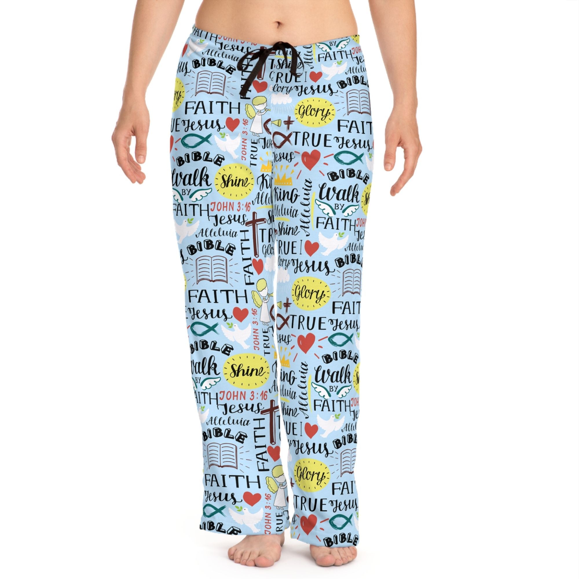 Angel Affirmations Women's Sky Blue Lounge / Pajama Pants - Matching Pajama Set and Indoor Slippers Available Size: XS Color: White stitching Jesus Passion Apparel