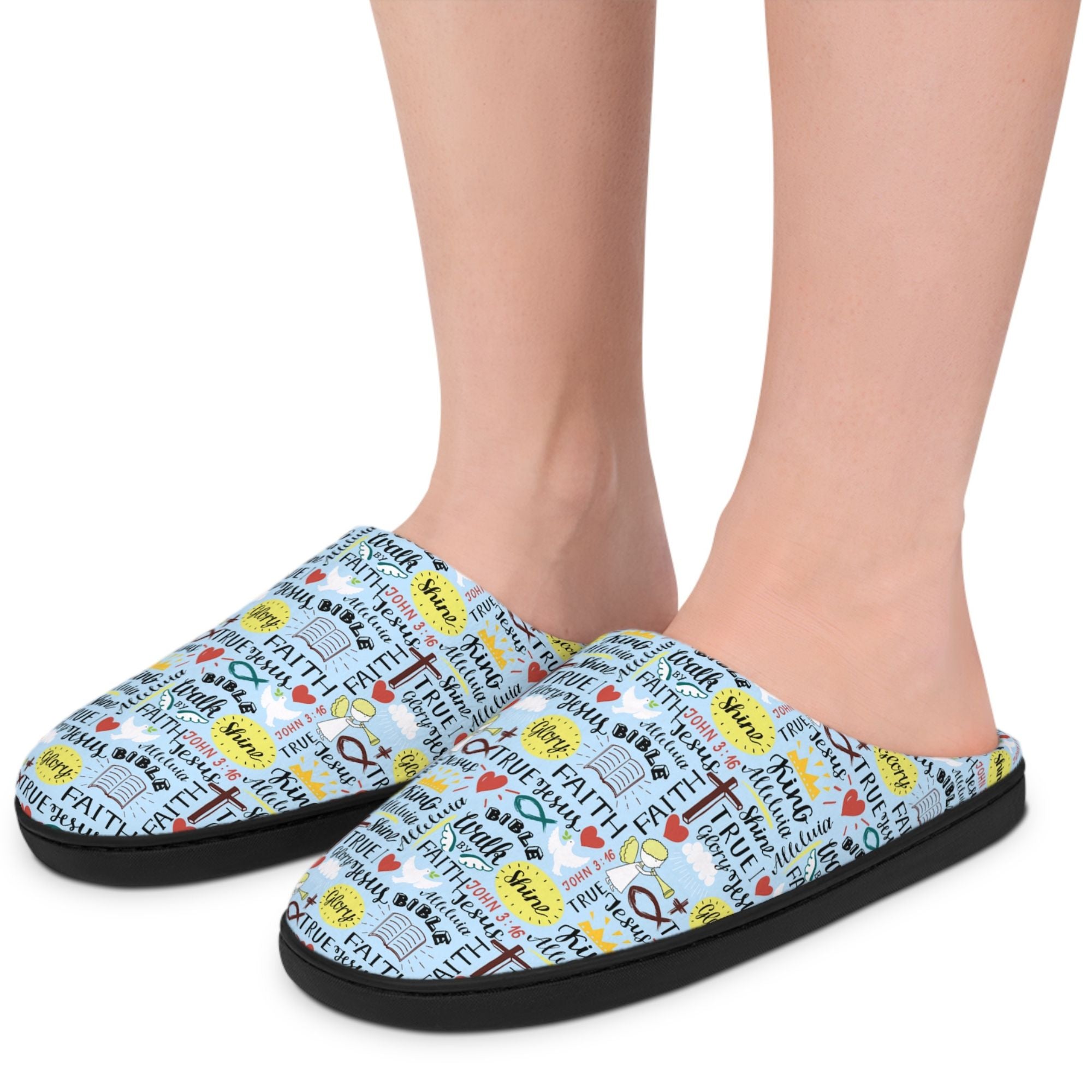 Angel Affirmations Women's Sky Blue Indoor Slippers - Matching Pajama Set and Lounge / Pajama Pants Available Size: US 7 - 8 Color: Black sole Jesus Passion Apparel