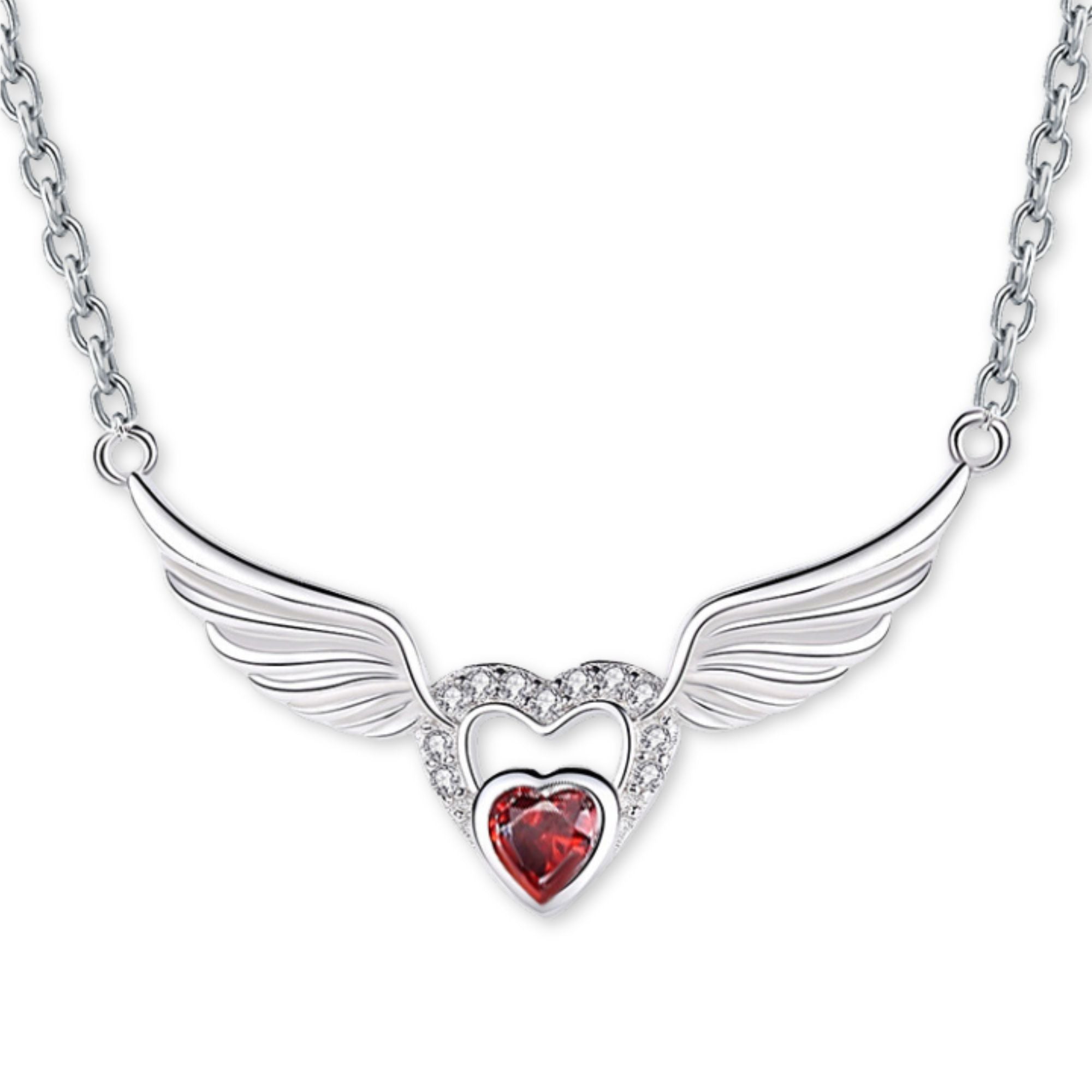 Angel Wings and Heart Sterling Silver Pendant - Clear, Blue or Red Color: Red Jesus Passion Apparel