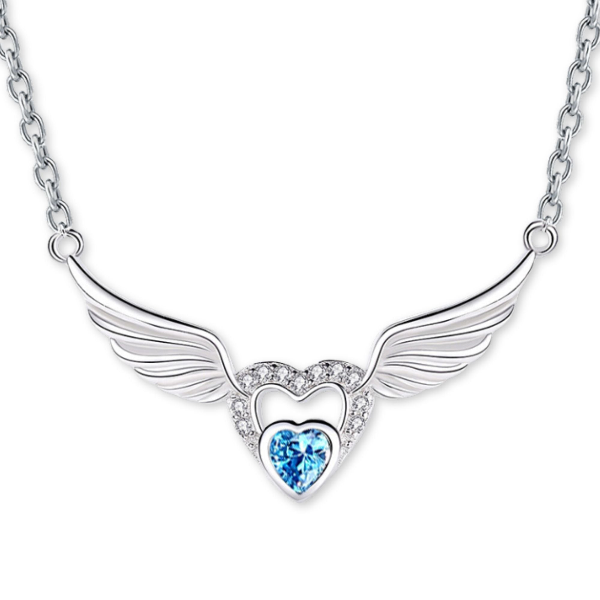 Angel Wings and Heart Sterling Silver Pendant - Clear, Blue or Red Color: Blue Jesus Passion Apparel