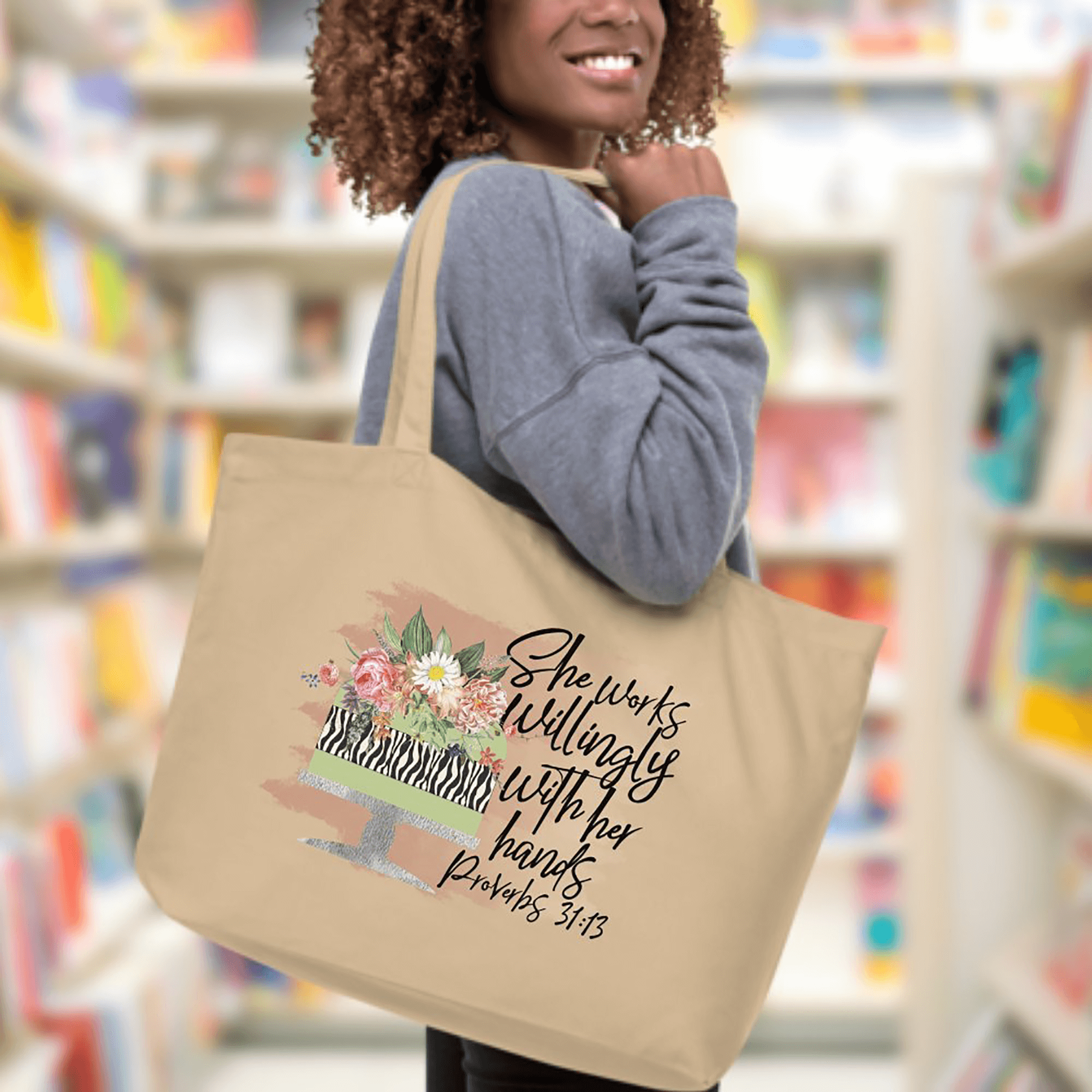 Baker - She Works Willingly Large Organic Tote Bag - Matching Women's T-shirt Available Jesus Passion Apparel