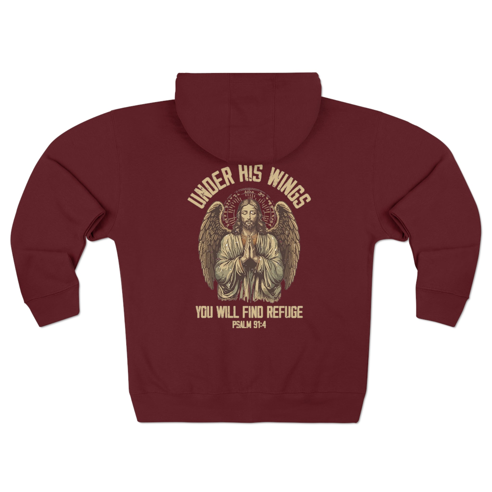 Under His Wings Retro-Inspired Premium Men's Hooded Jacket Heavy Blend™ Color: Burgundy Size: S Jesus Passion Apparel