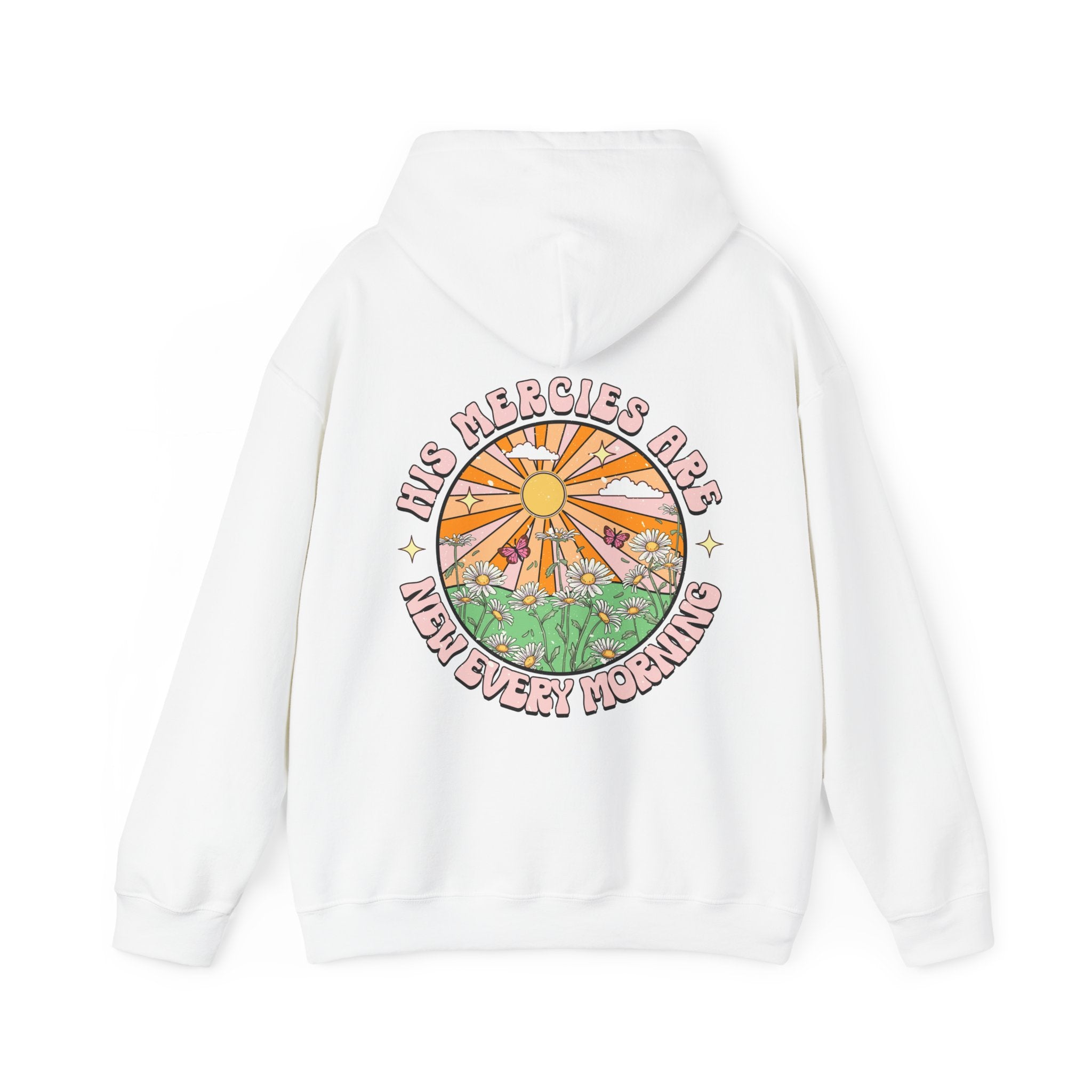 His Mercies Sunrise Retro-Inspired Unisex-Fit Hoodie Color: White Size: S Jesus Passion Apparel