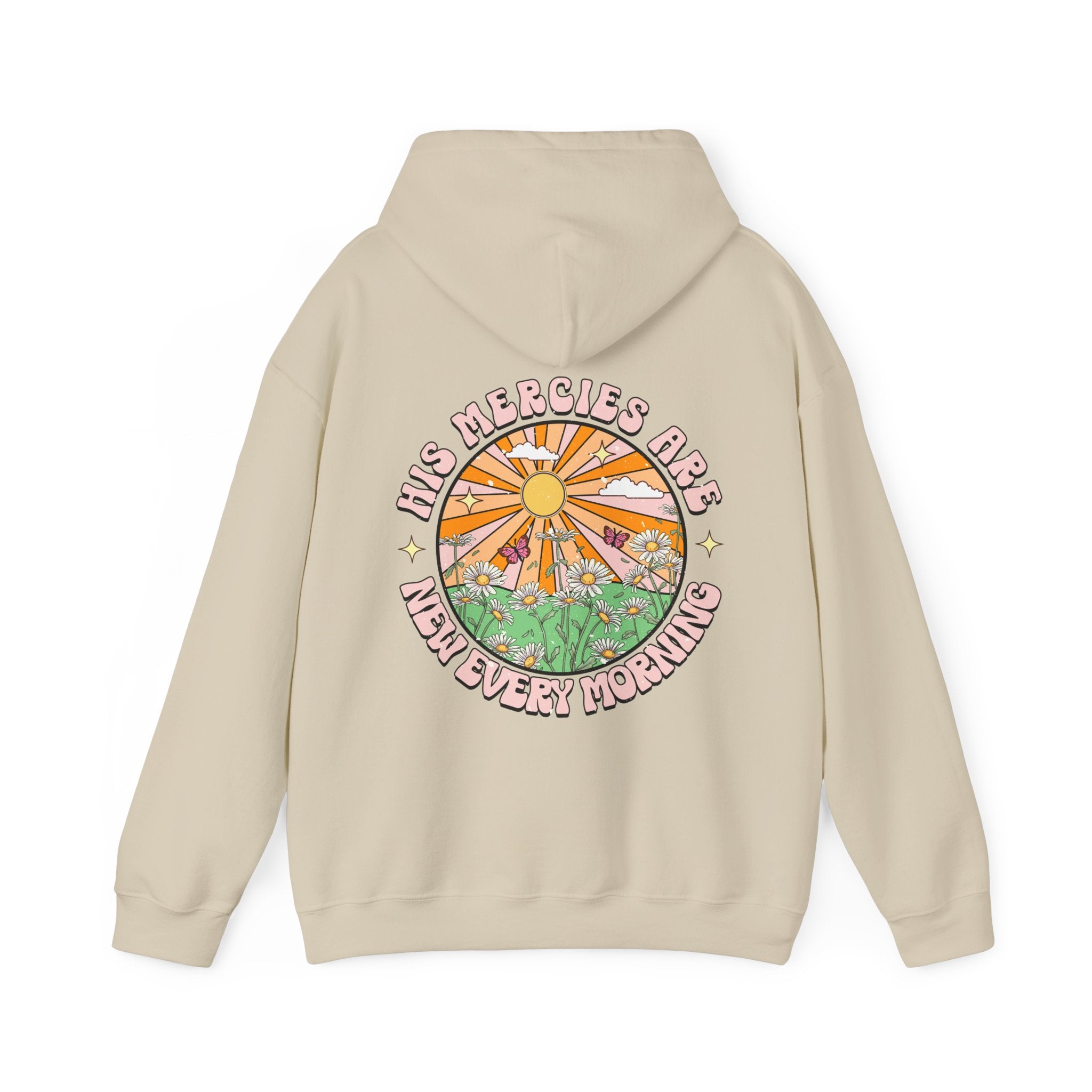 His Mercies Sunrise Retro-Inspired Unisex-Fit Hoodie Color: White Size: S Jesus Passion Apparel