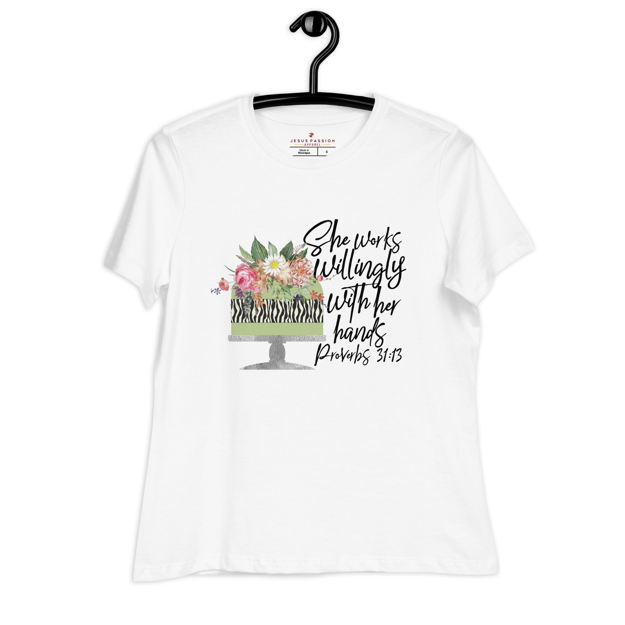 Baker-she_works_willingly_T-shirt_Women_hanging Jesus Passion Apparel