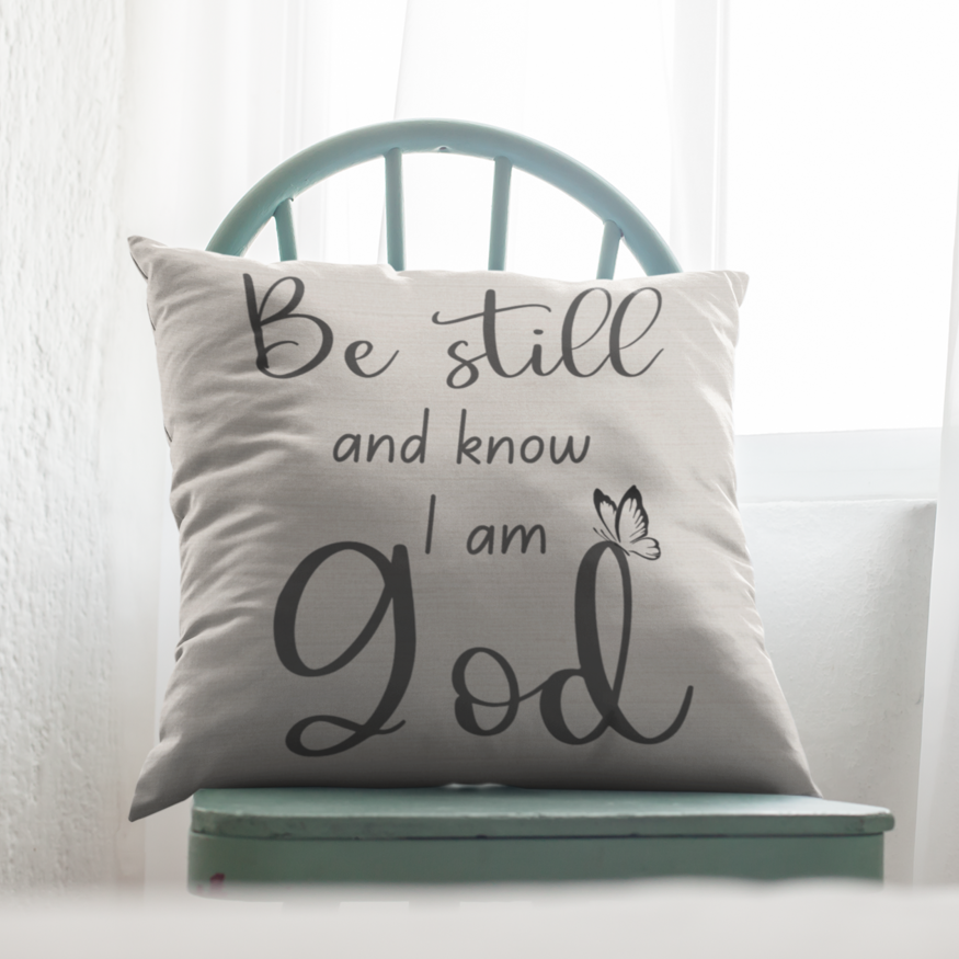 Be Still and Know Am God Script with Natural Linen Design Premium Pillow Size: 18″×18″ Jesus Passion Apparel