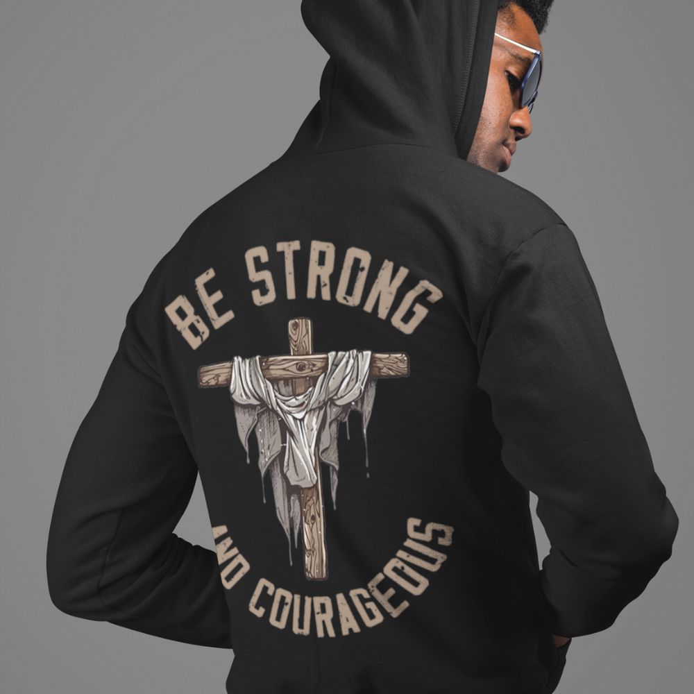 Be Strong and Courageous Retro-Inspired Premium Men's Jacket Heavy Blend™ Hoodie Size: S Color: Black Jesus Passion Apparel